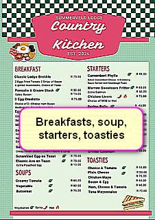 breakfast soup starters and toasties menu at Summerveld Country Lodge